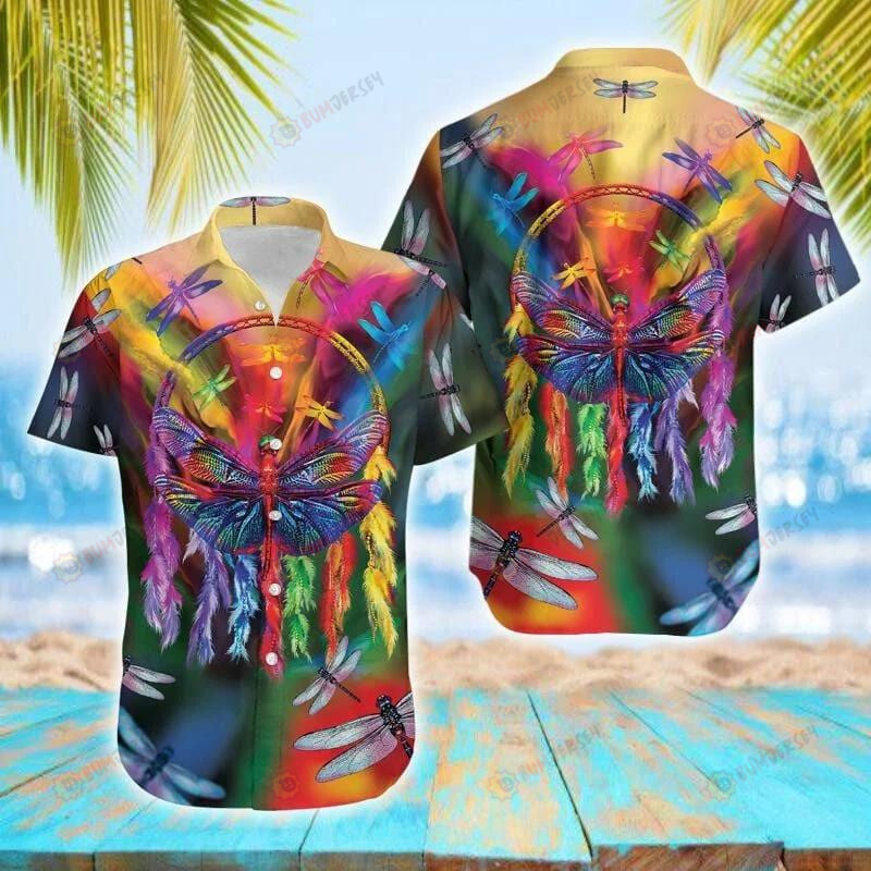 Colorful Dragonfly Curved Hawaiian Shirts Colorful