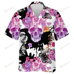 Colorful Human Skull With Floral And Butterfly Hawaiian Shirt