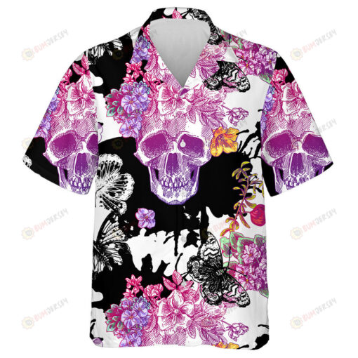Colorful Human Skull With Floral And Butterfly Hawaiian Shirt