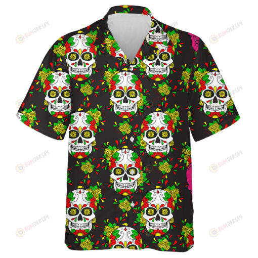 Colorful Mexican Sugar Skull With Floral Ornament Hawaiian Shirt