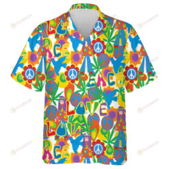 Colorful Pattern Of Spring Flowers And Peace Sign On Black Background Hawaiian Shirt