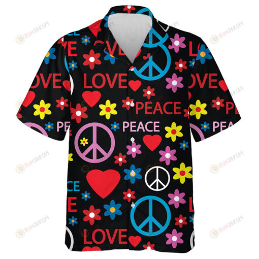 Colorful Pattern With Hippie Girl With Peace And Love Text Hawaiian Shirt