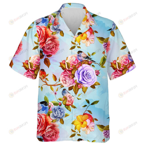 Colorful Rose Branch And Bird On Light Blue Theme Design Hawaiian Shirt