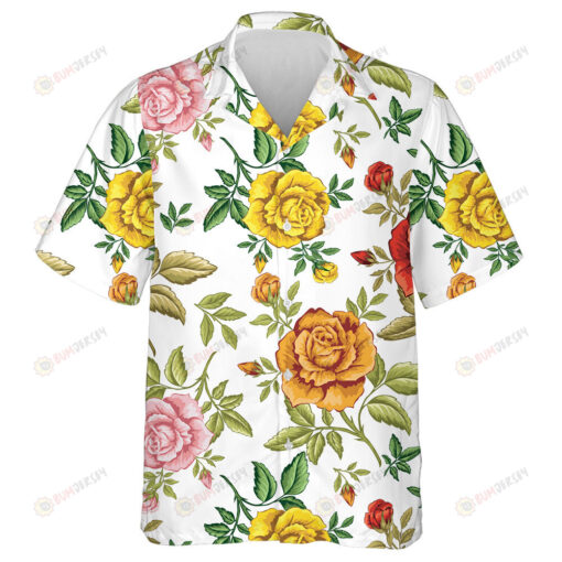 Colorful Roses Branch Art Pattern On White Background Hawaiian Shirt