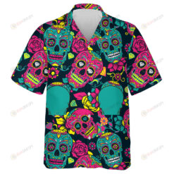 Colorful Sugar Skull Mexican And Floral On Black Background Hawaiian Shirt