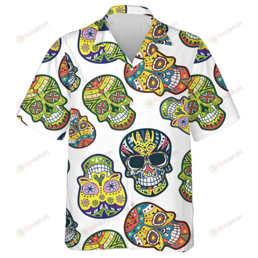 Colorful Sugar Skull Mexican On White Background Hawaiian Shirt