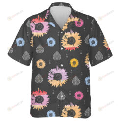 Colorful Sunflowers And Elliptical Leaves On Dark Background Hawaiian Shirt