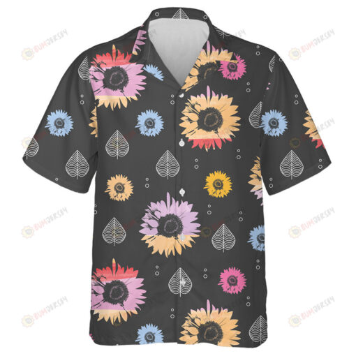 Colorful Sunflowers And Elliptical Leaves On Dark Background Hawaiian Shirt