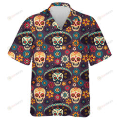 Colorful Traditional Mexican Sugar Skull And Floral Hawaiian Shirt