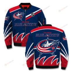 Columbus Blue Jackets Logo On Flame Pattern Bomber Jacket- Navy