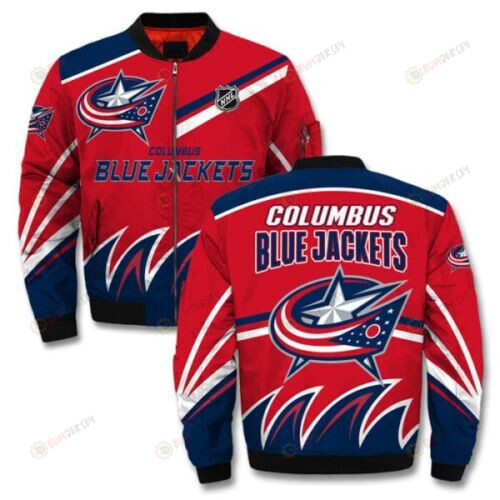 Columbus Blue Jackets Logo On Flame Pattern Bomber Jacket- Red