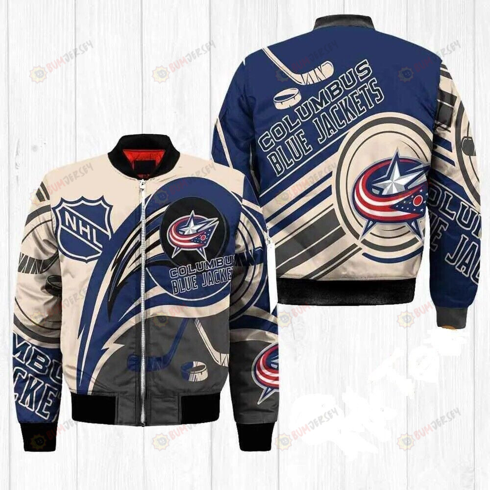 Columbus Blue Jackets Logo & Hockey Stick Pattern Bomber Jacket