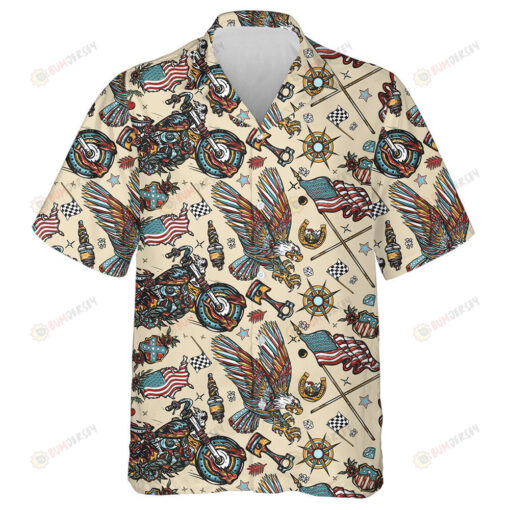 Cool Bearded Biker Man Motocycle Patriotic Eagle Art Hawaiian Shirt