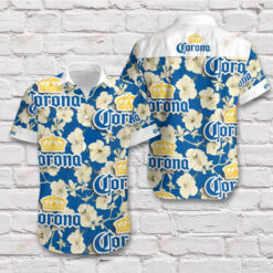 Corona Hibiscus Floral Pattern Curved Hawaiian Shirt In White & Blue