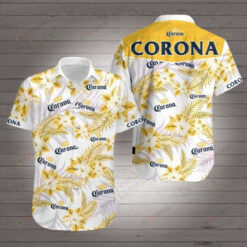 Corona Leaf & Flower Pattern Curved Hawaiian Shirt In Yellow & White