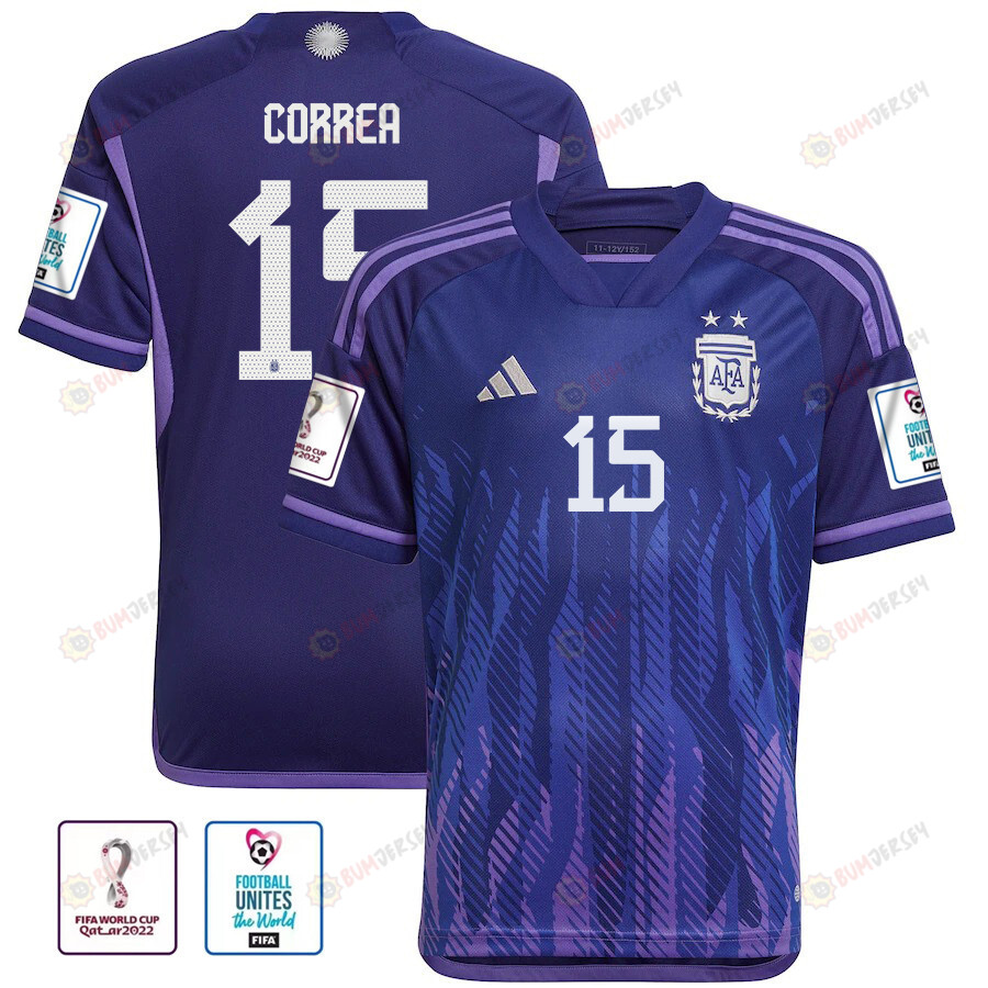 Correa 15 Argentina National Team Qatar World Cup 2022-23 Patch Away Jersey, Youth