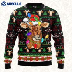 Cow With Santa Hat And Christmas Lights Ugly Sweaters For Men Women Unisex
