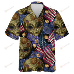 Creepy Alien Head Rippled American Flag Embroidery Pattern Hawaiian Shirt