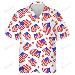 Curve American Flag And Red Stars On White Backdrop Hawaiian Shirt