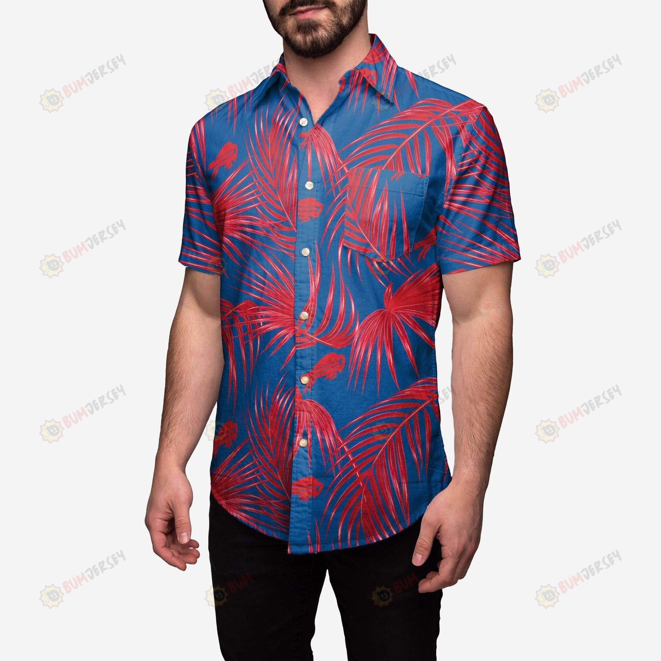 Curved Hawaiian Shirt Buffalo Bills Logo And Red Tropical Leave In Blue