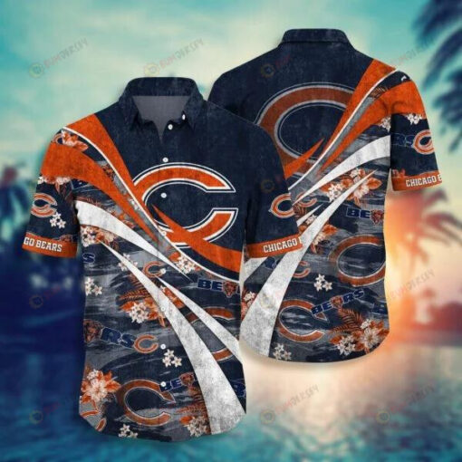 Curved Hawaiian Shirt Chicago Bears Logo With Tropical Palm In Orange/Dark Blue