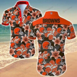 Curved Hawaiian Shirt Cleveland Browns Rugby Helmet And Floral Pattern In Orange