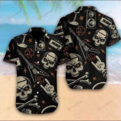 Curved Hawaiian Shirt Rammstein Skull Guitar Pattern In Black