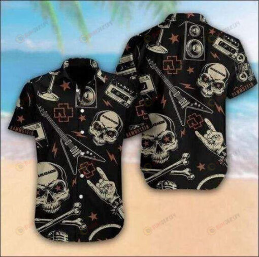 Curved Hawaiian Shirt Rammstein Skull Guitar Pattern In Black