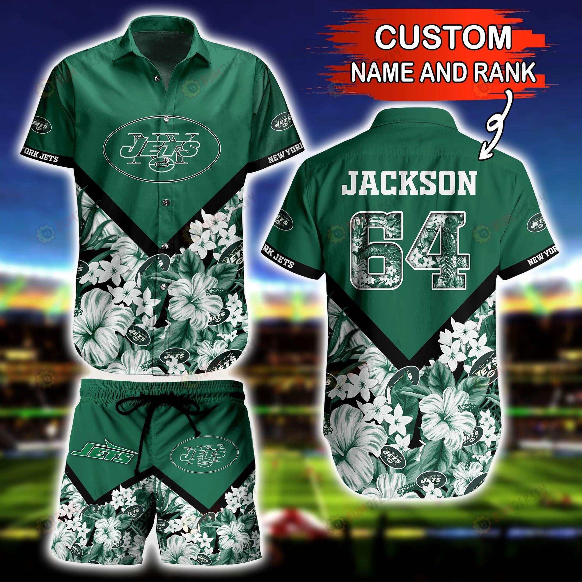 Custom Name And Number New York Jets Floral Hawaiian Shirt Set