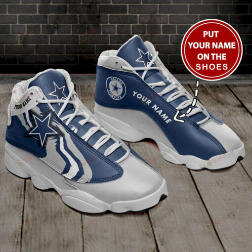 Custom Name Dallas Cowboys Air Jordan 13 Shoes Sneakers In Gray And Blue