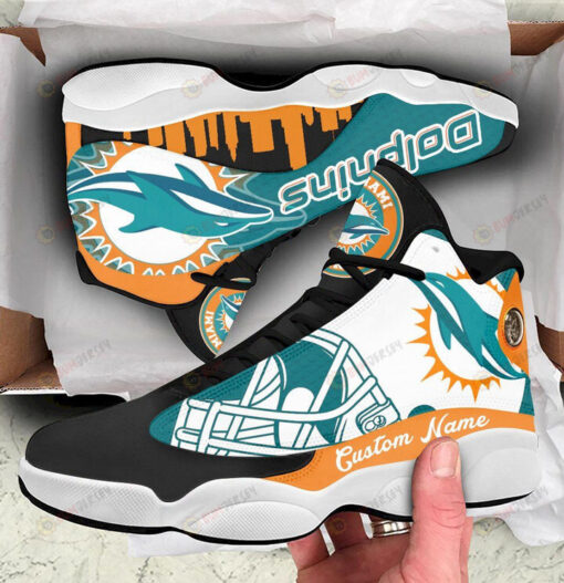 Custom Name Miami Dolphins Air Jordan 13 Shoes Sneakers In Turquoise And Orange