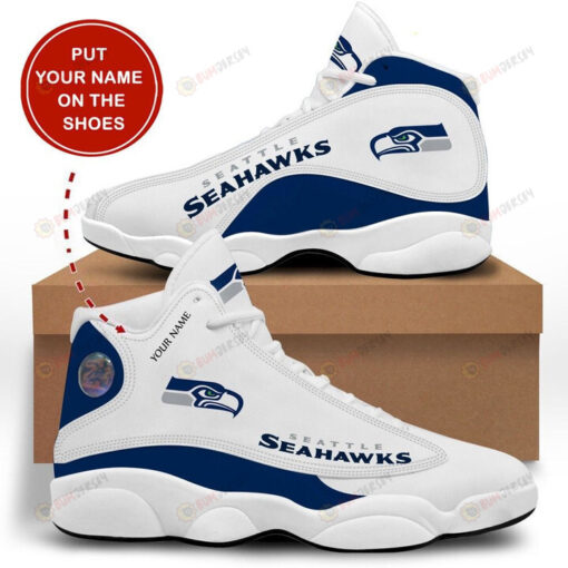 Custom Name Seattle Seahawks In White And Blue Air Jordan 13 Shoes Sneakers