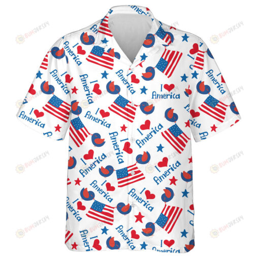 Cute Birds Holding American Flag With Text I Love America Hawaiian Shirt