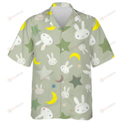 Cute Bunny Smiling Faces Dark Green Camo Stars And Moon Hawaiian Shirt