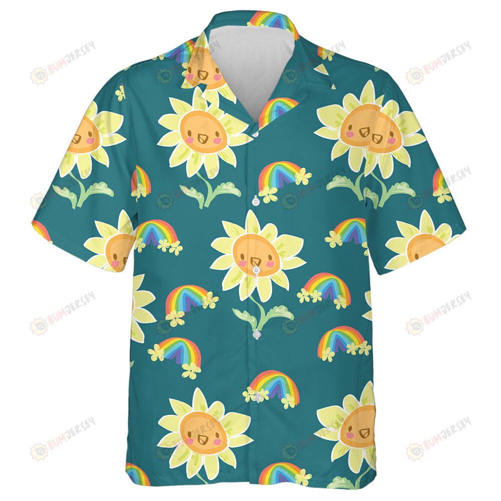 Cute Drawing Elements Including Happy Sunflower And Rainbow Hawaiian Shirt