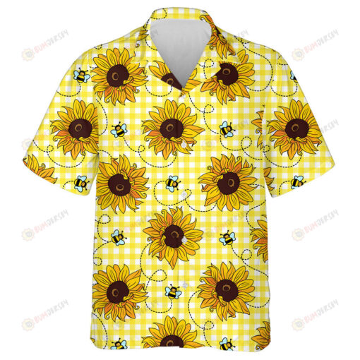 Cute Flying Bees And Sunflowers On Yellow Checkered Background Hawaiian Shirt