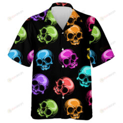 Cute Multicolored Human Skulls On Black Background Hawaiian Shirt