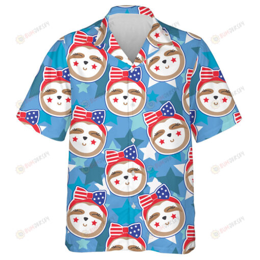 Cute Sloth Smiling Faces Patriotic Blue Star Background Hawaiian Shirt