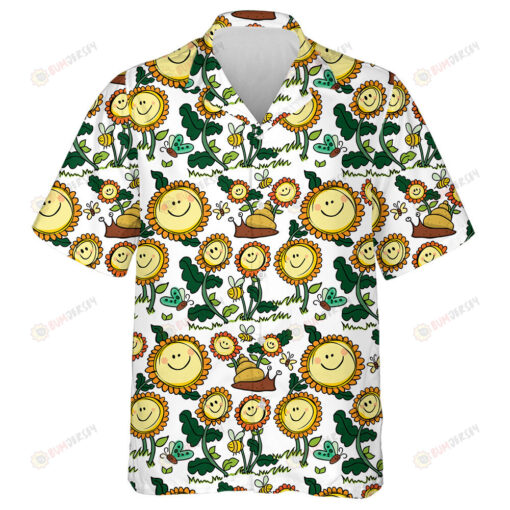 Cute Smiling Flowers And Snail Coloured With White Background Hawaiian Shirt