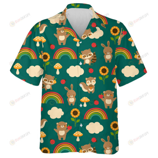 Cute Woodland Animals With Rainbow Sunflowers Mushroom And Clouds Hawaiian Shirt