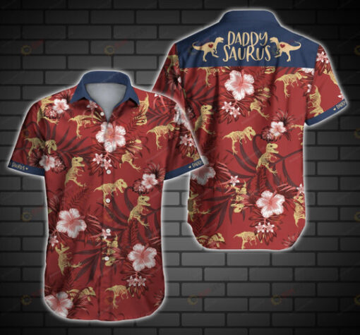 Daddysaurus Floral Pattern Curved Hawaiian Shirt In Red