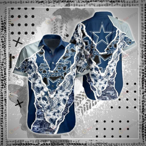 Dallas Cowboys Floral Stream Pattern Curved Hawaiian Shirt In Blue