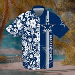 Dallas Cowboys Floral & Leaf Pattern Curved Hawaiian Shirt In Dark Blue & White