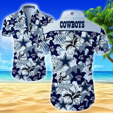 Dallas Cowboys Floral & Leaf Pattern Curved Hawaiian Shirt In White & Blue