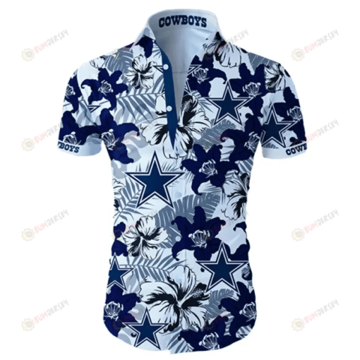 Dallas Cowboys Floral & Star Pattern Curved Hawaiian Shirt In White & Dark Blue
