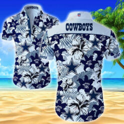 Dallas Cowboys Flower & Star Pattern Curved Hawaiian Shirt In Dark Blue & White