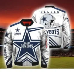 Dallas Cowboys Logo Pattern Bomber Jacket - Navy Blue And White