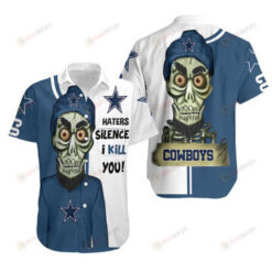 Dallas Cowboys Skull & Star Pattern Curved Hawaiian Shirt In White & Blue
