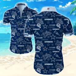 Dallas Cowboys Star And Heltmet Pattern Curved Hawaiian Shirt In Blue