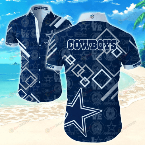 Dallas Cowboys Star And Square Pattern Curved Hawaiian Shirt In Blue